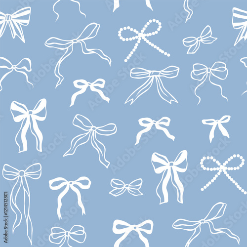 Hand drawn blue bows seamless pattern. Whimsical background