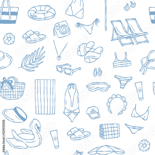 Hand drawn doodle beach essentials seamless pattern