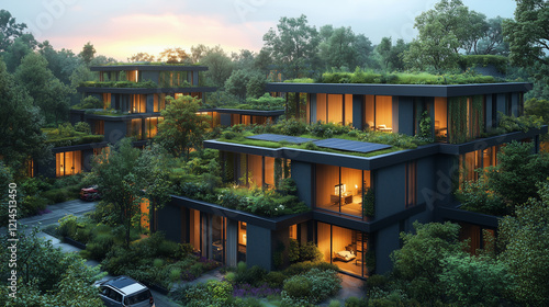 Fototapeta Naklejka Na Ścianę i Meble -  Panoramic view of a sustainable smart city with green rooftops, solar panels, and electric vehicles for eco-friendly urban living concepts