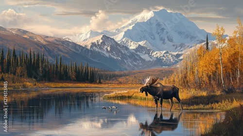 A bull moose at the edge of a lake in the fall with mountain in the background.
 photo