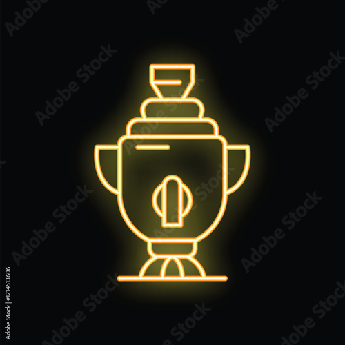 Yellow glowing neon sign representing a traditional russian samovar brewing tea, isolated on a black background