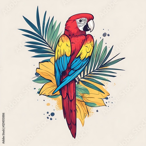 Colorful parrot illustration with tropical leaves and flowers. Possible use Social media post, print design, wallpaper photo