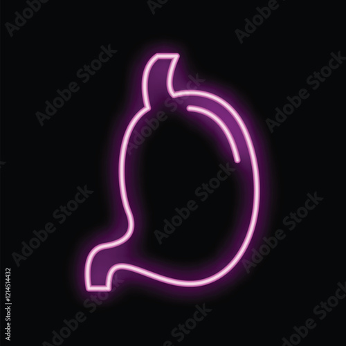 Neon stomach glowing in purple on a black background