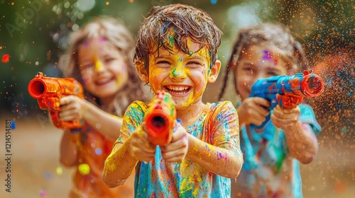Joyful Children Playing with Water Guns During Colorful Holi Festival Celebration in Outdoor Setting