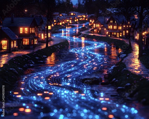 Glowing River with Micro Hydro Generators Powering a Nearby Village   Renewable Resource Management Concept photo