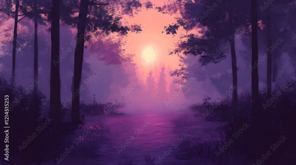 Obraz premium Purple Sunset Forest River Landscape Painting