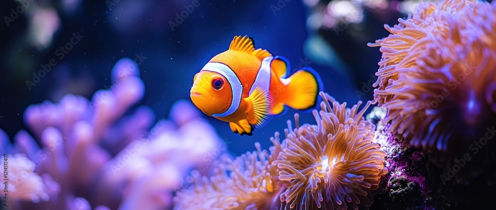 Clownfish swimming in aquarium, coral background, underwater scene Clownfish swimming in aquarium, coral background, underwater scene