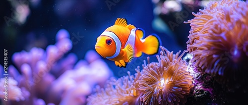 Clownfish swimming in aquarium, coral background, underwater scene photo