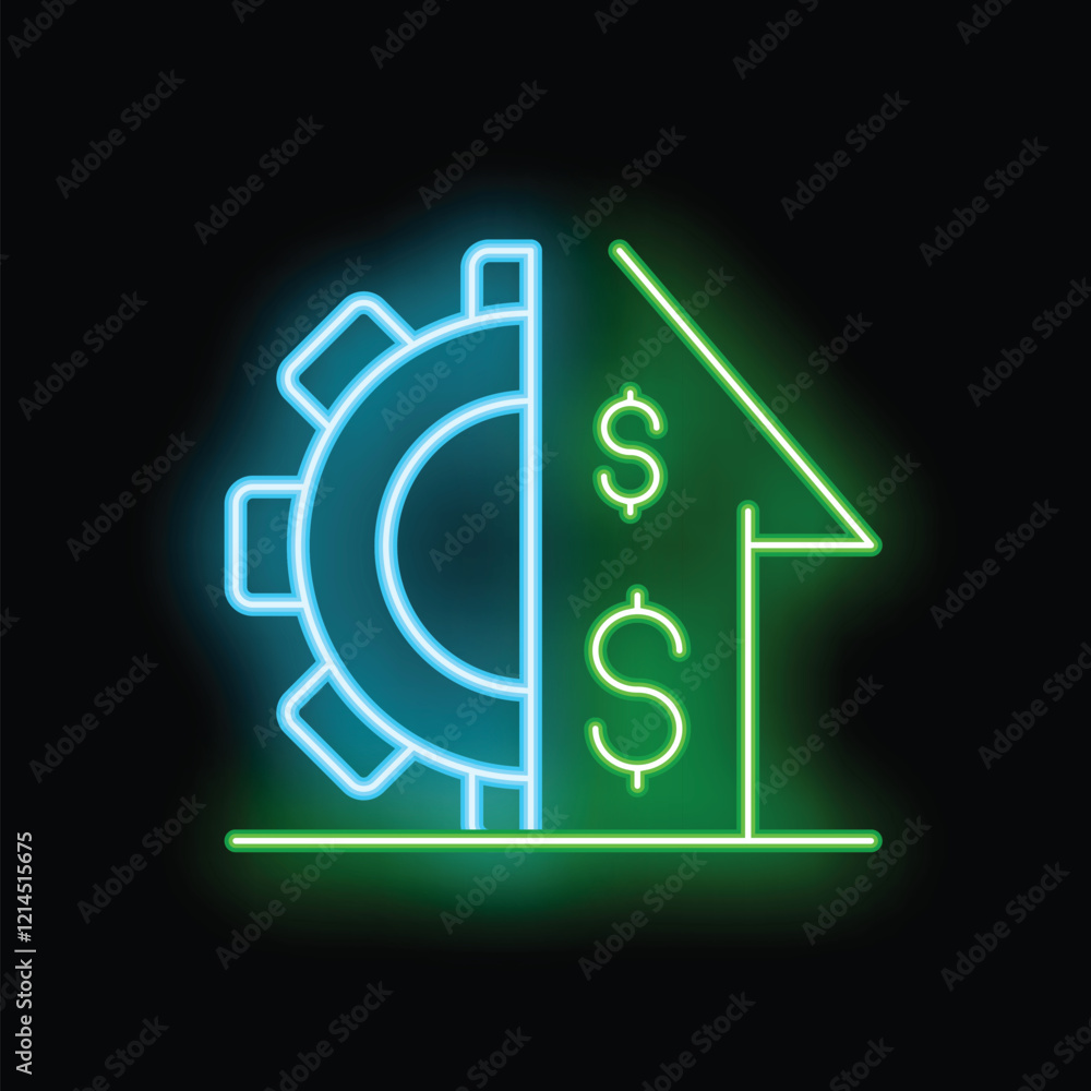 Neon sign showing a gear and an upwards arrow with dollar signs, representing the concept of hard work leading to financial success Neon sign showing a gear and an upwards arrow with dollar signs, representing the concept of hard work leading to financial success