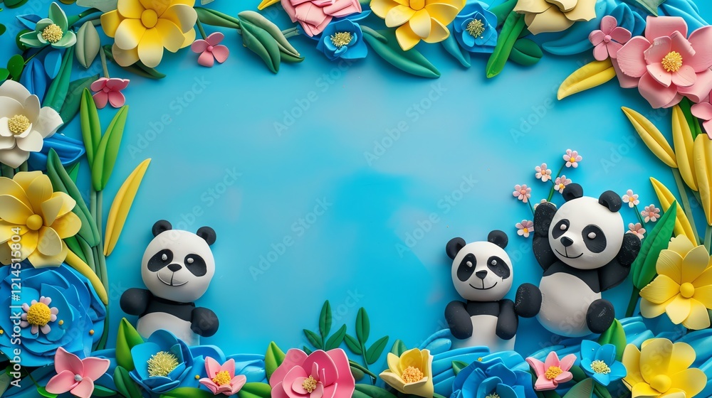 A 3D clay art scene with pandas and flowers on a blue background. A 3D clay art scene with pandas and flowers on a blue background.