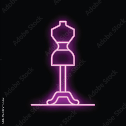 Glowing neon sign depicting a dressmakers mannequin on a black background