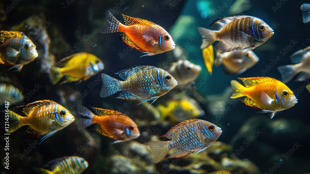 Fototapeta premium a school of tropical fish, showcasing their vibrant colors and intricate patterns in clear waters.