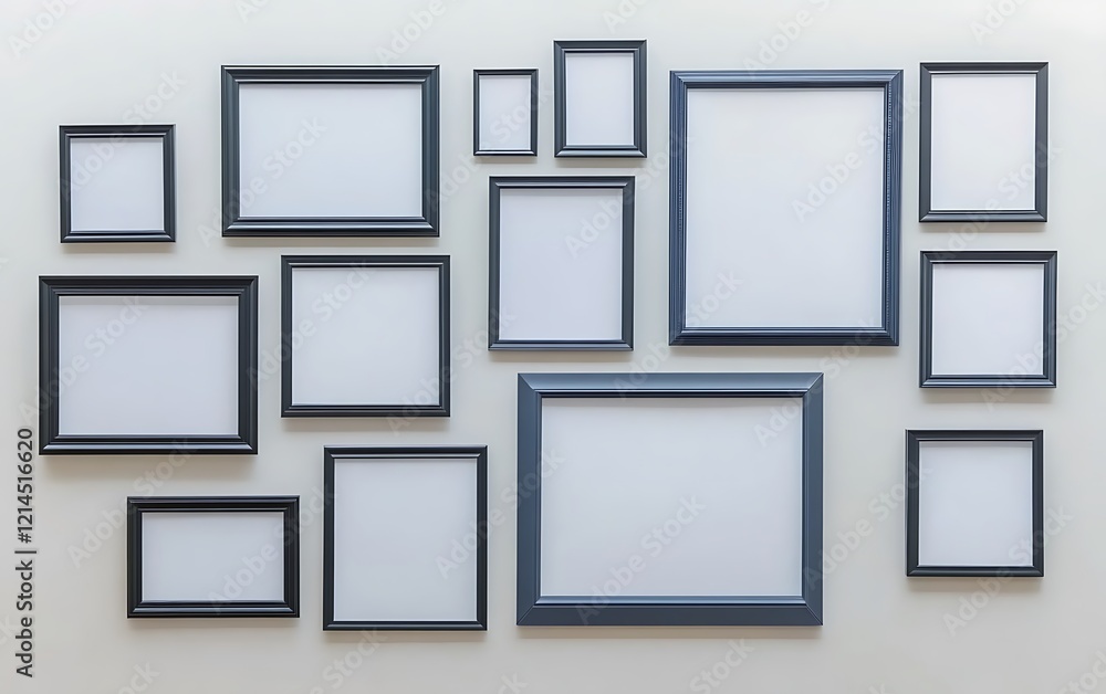 Collection of various size picture frames arranged on a wall. Useful for showcasing different sizes and types of prints Collection of various size picture frames arranged on a wall. Useful for showcasing different sizes and types of prints
