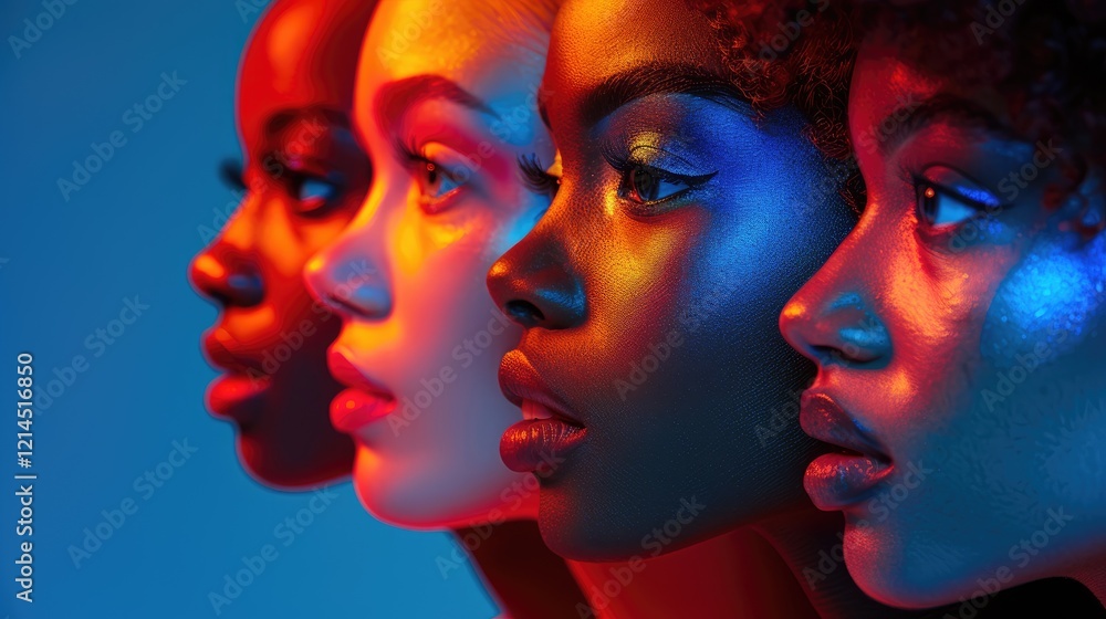 Obraz premium Four women of different ethnicities stand side by side, showcasing their profiles. Diversity Equality Inclusion. International Women's Day. Zero Discrimination Day banner.