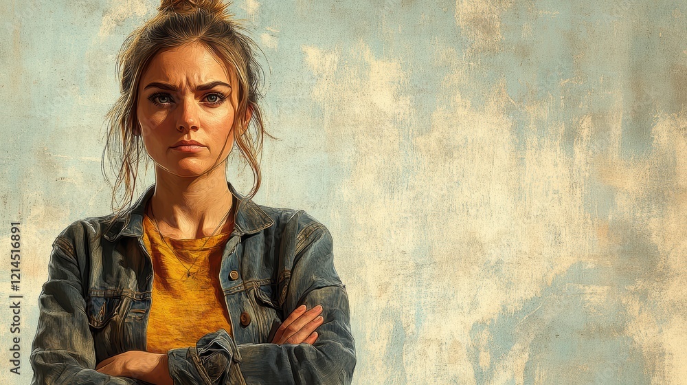 A young woman with an assertive expression stands with her arms crossed, wearing a denim jacket over a yellow shirt. The textured background complements her confident demeanor A young woman with an assertive expression stands with her arms crossed, wearing a denim jacket over a yellow shirt. The textured background complements her confident demeanor