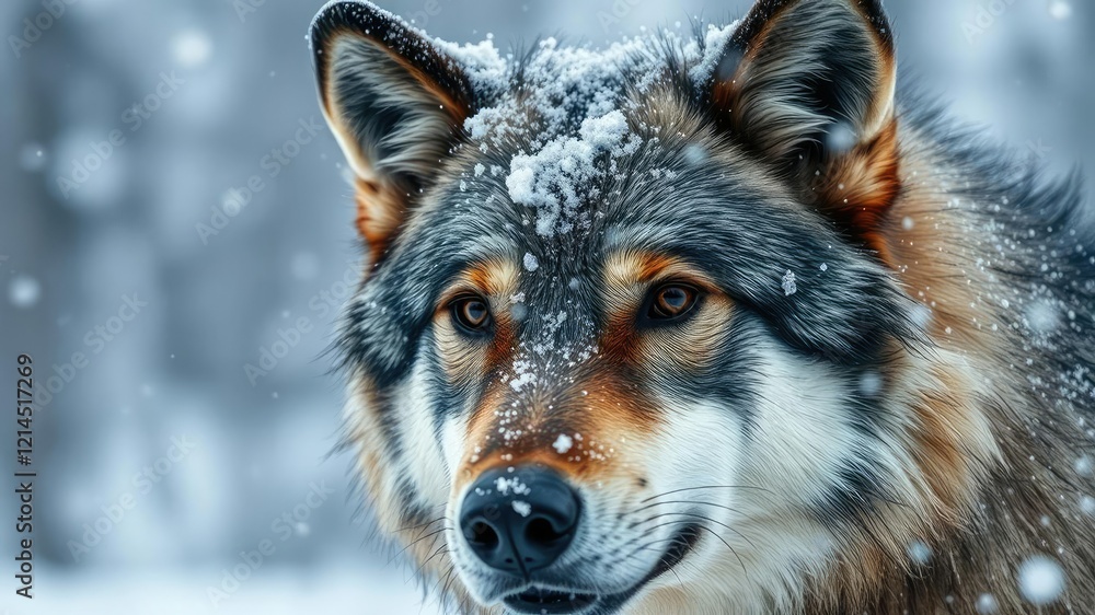 Obraz premium Close-up of a timber wolf's face in the midst of a blizzard with its fur fluffed up against the cold and snow swirling around it, animal close-up, forest habitat