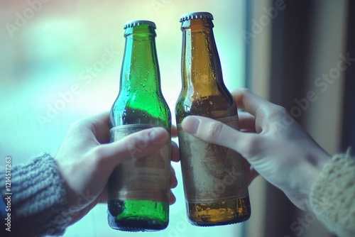 Couple hands holding beer bottles and clanging, celebrating on holiday. photo