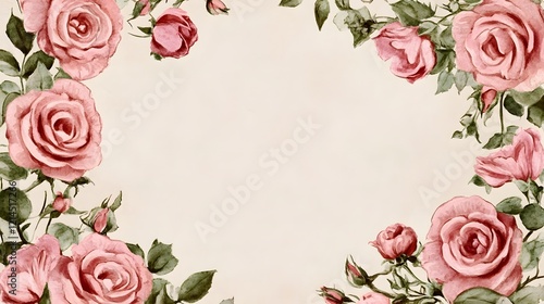 Romantic Pink Roses Watercolor Frame  Floral Border  Wedding Invitation Design