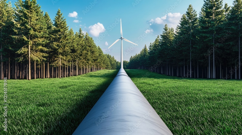 Fototapeta premium A serene landscape featuring a wind turbine amidst tall trees and lush green grass, symbolizing renewable energy and nature's harmony.