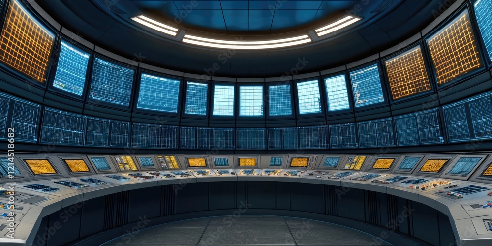 Obraz premium A futuristic control room featuring multiple screens and panels, designed for monitoring or command operations in a high-tech environment.