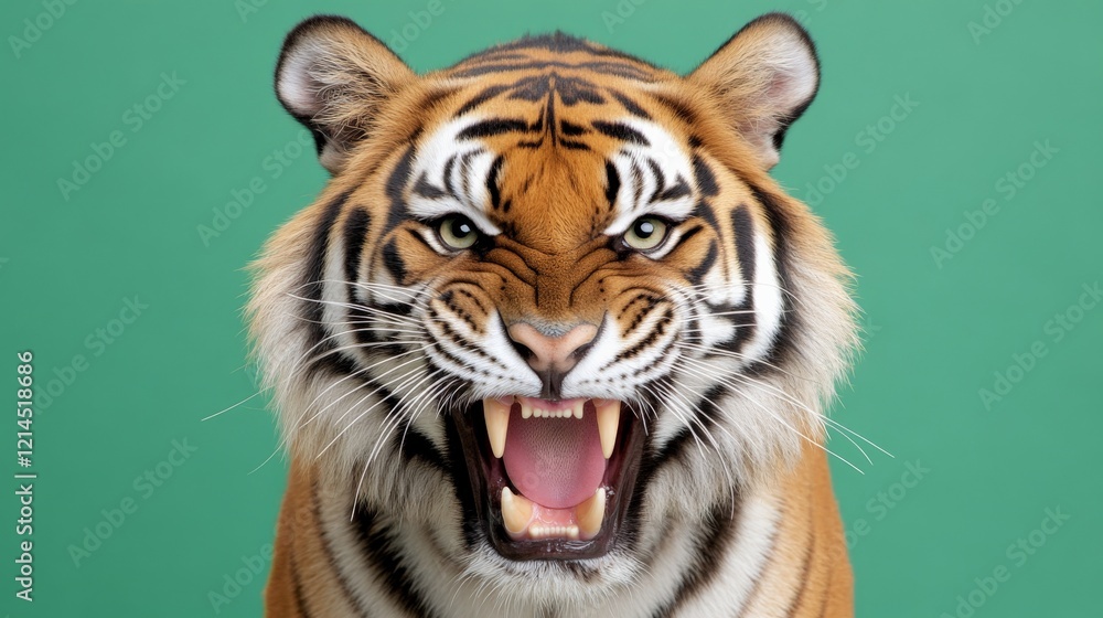 Tiger's Roar: A majestic tiger with intense eyes and bared fangs, captured in a powerful close-up against a vibrant teal backdrop. The image exudes raw power and untamed beauty. Tiger's Roar: A majestic tiger with intense eyes and bared fangs, captured in a powerful close-up against a vibrant teal backdrop. The image exudes raw power and untamed beauty.