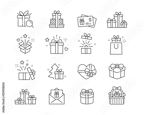 Gifts Icon collection containing 16 editable stroke icons. Perfect for logos, stats and infographics. Edit the thickness of the line in Adobe Illustrator (or any vector capable app).