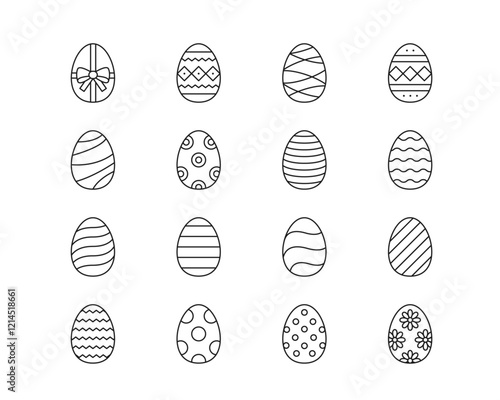 Easter Eggs Icon collection containing 16 editable stroke icons. Perfect for logos, stats and infographics. Edit the thickness of the line in Adobe Illustrator (or any vector capable app).