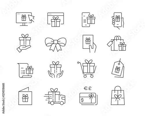 Gift Shopping Icon collection containing 16 editable stroke icons. Perfect for logos, stats and infographics. Edit the thickness of the line in Adobe Illustrator (or any vector capable app).