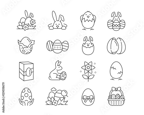 Easter Icon collection containing 16 editable stroke icons. Perfect for logos, stats and infographics. Edit the thickness of the line in Adobe Illustrator (or any vector capable app).