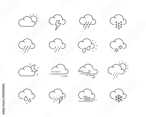 Weather and Clouds Icon collection containing 16 editable stroke icons. Perfect for logos, stats and infographics. Edit the thickness of the line in Adobe Illustrator (or any vector capable app).