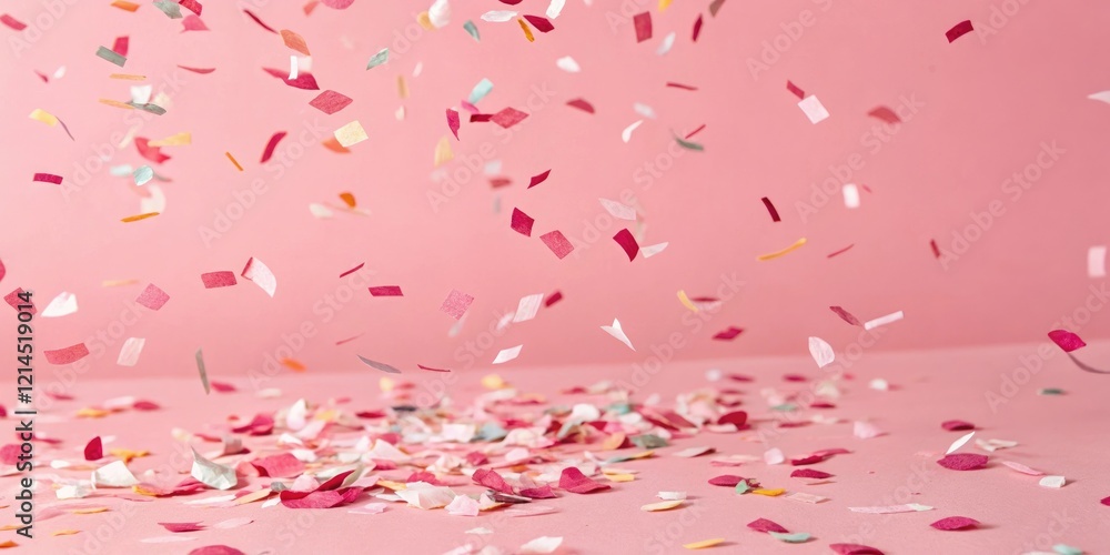 Close-up of falling confetti on bright pink background, with individual pieces floating gently in mid-air, details, pink, fragments Close-up of falling confetti on bright pink background, with individual pieces floating gently in mid-air, details, pink, fragments