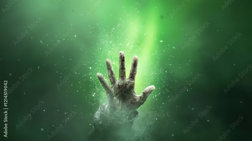 Mysterious Hand Emerging from Ethereal Green Fog Mysterious Hand Emerging from Ethereal Green Fog