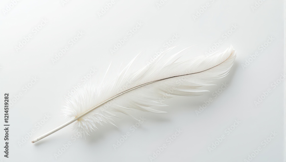 Obraz premium A solitary white feather rests on a pristine surface, its delicate form accentuated by a subtle brown stripe along its length, creating an elegant contrast