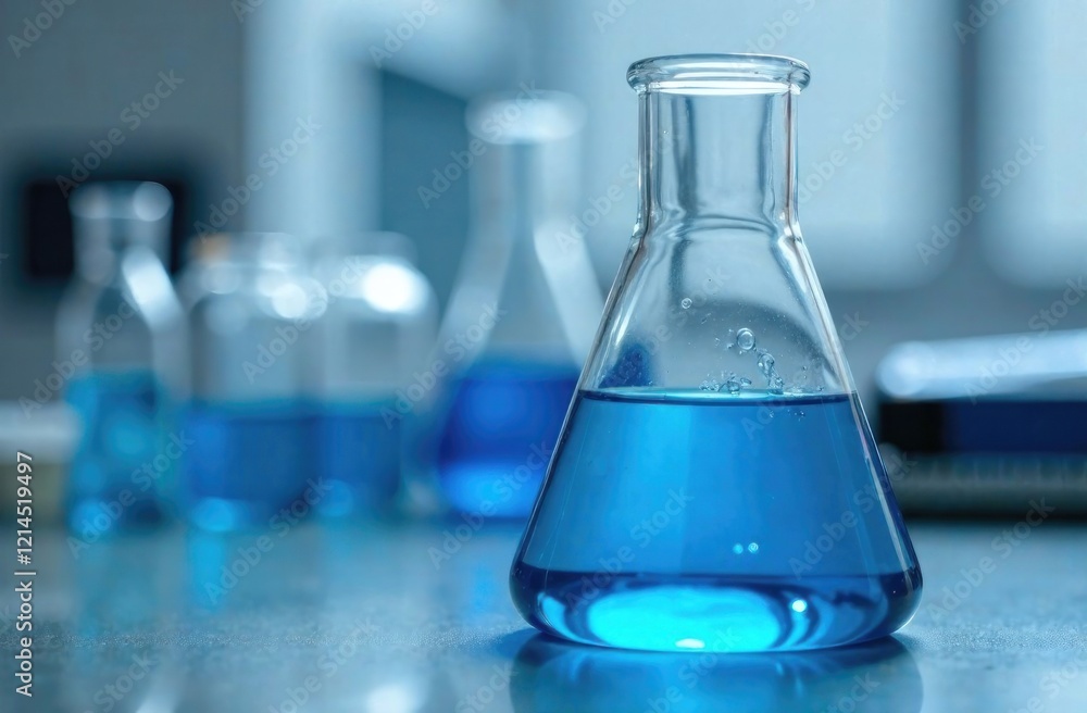 A glass flask filled with vibrant blue liquid rests on a laboratory table next to smaller vials filled with liquid