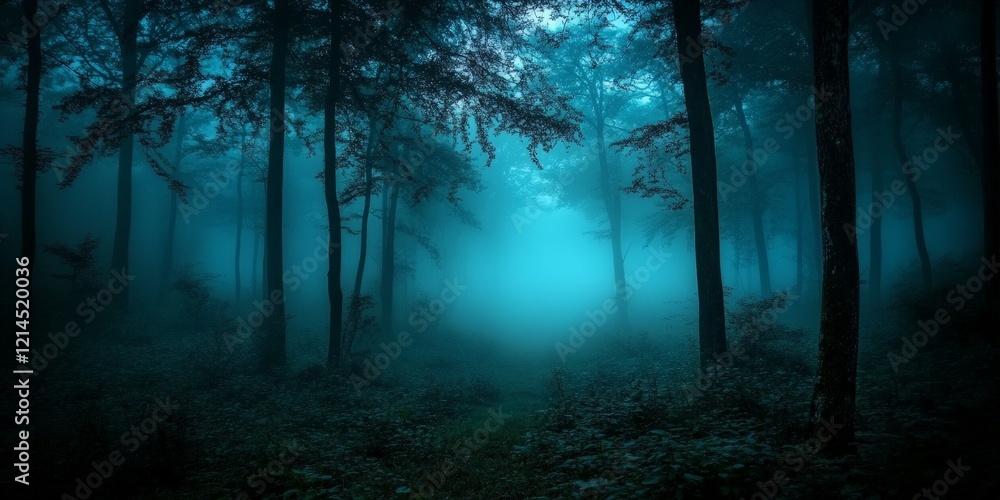 Fototapeta premium A quiet, misty forest under the moonlight, exuding mystery. Ideal for nature themes, storytelling, and atmospheric designs.
