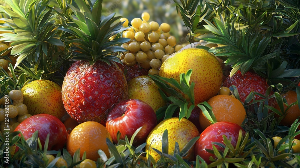 Vibrant assortment of fresh fruits including pineapple, oranges, apples, and grapes, bathed in sunlight. Vibrant assortment of fresh fruits including pineapple, oranges, apples, and grapes, bathed in sunlight.