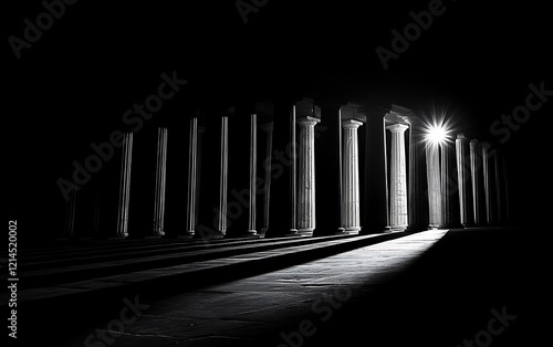 Ancient columns, light beam, dark hall, architectural scene, use for wallpaper, art print photo