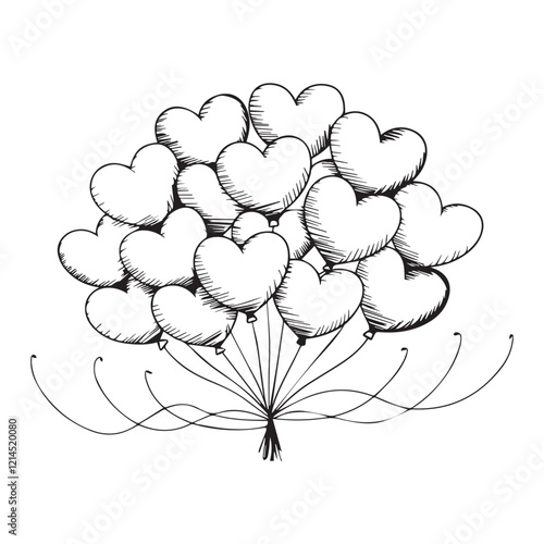 beautiful silhouette Balloons Cluster with Sketchy Lines and Dynamic Strings - Black & White photo