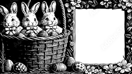 Three Charming Rabbits in Easter Basket with Decorative Frame
