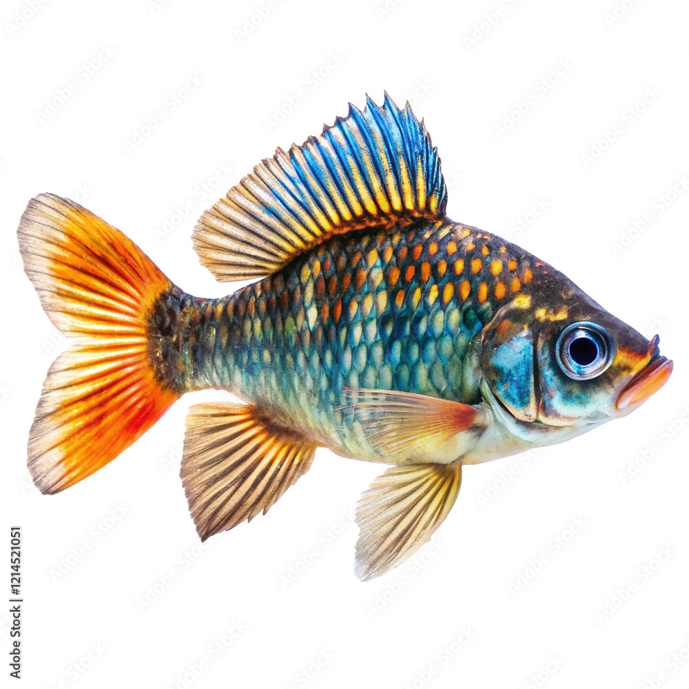 Fototapeta premium Vibrant Tropical Fish with Striking Orange and Blue Fins, a Colorful Aquarium Jewel