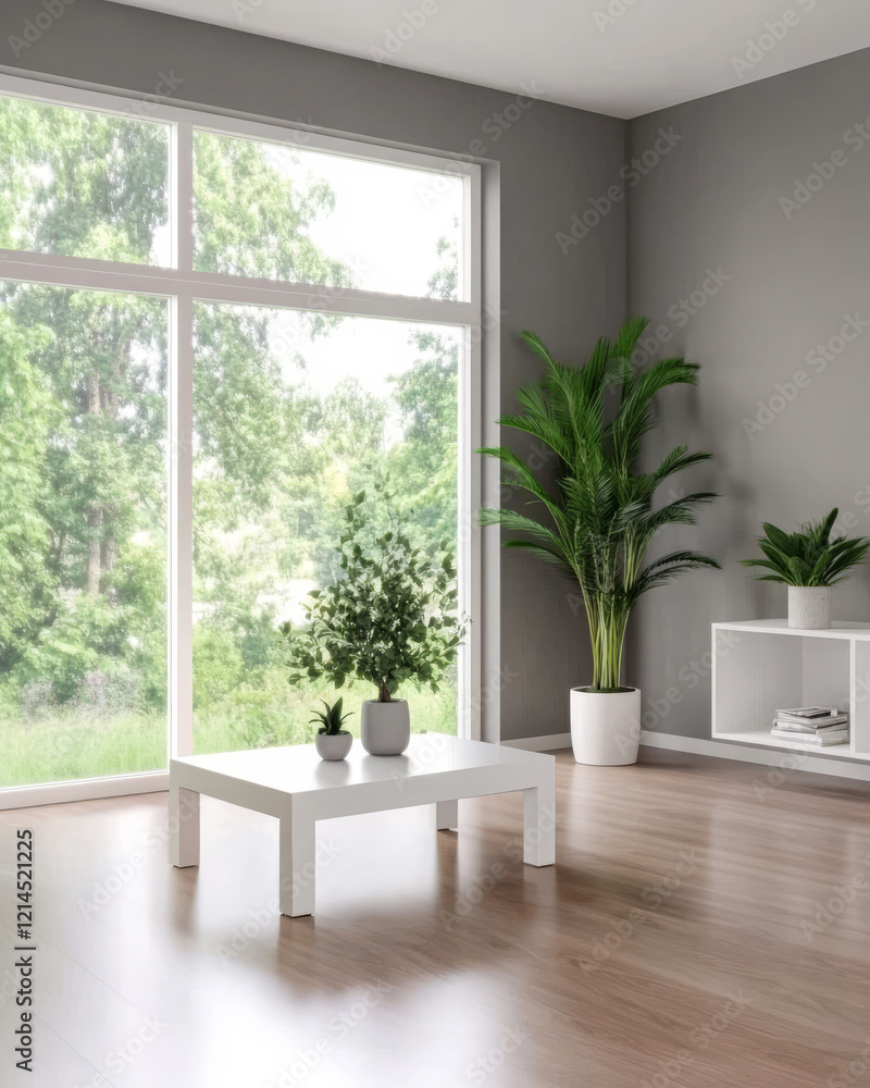 Modern living room with large windows and greenery creating a serene atmosphere Modern living room with large windows and greenery creating a serene atmosphere