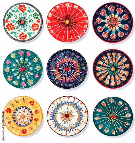Colorful traditional umbrellas with floral designs arranged in grid pattern