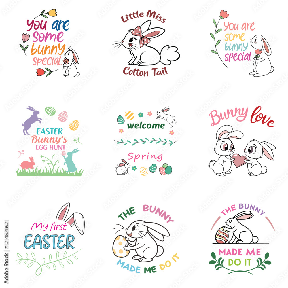 Fototapeta premium Collection of Cute Bunny Happy Easter Typography T-shirt Design for Sublimation