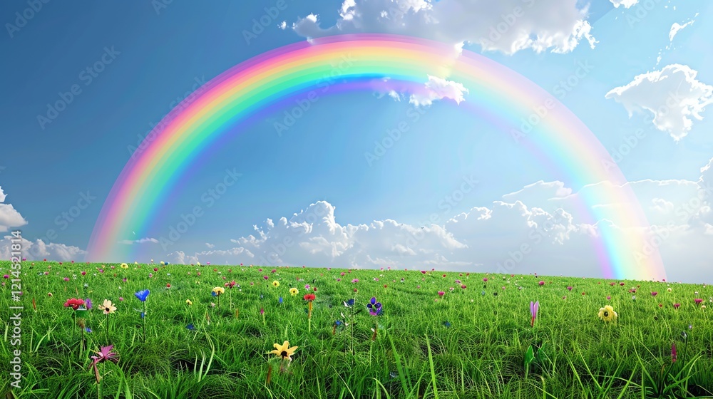 Naklejka premium A vibrant rainbow arches over a field of wildflowers and green grass under a blue sky with fluffy clouds.