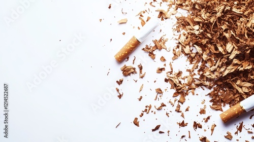 broken scattered cigarettes, tobacco, close-up on a white background concept photo