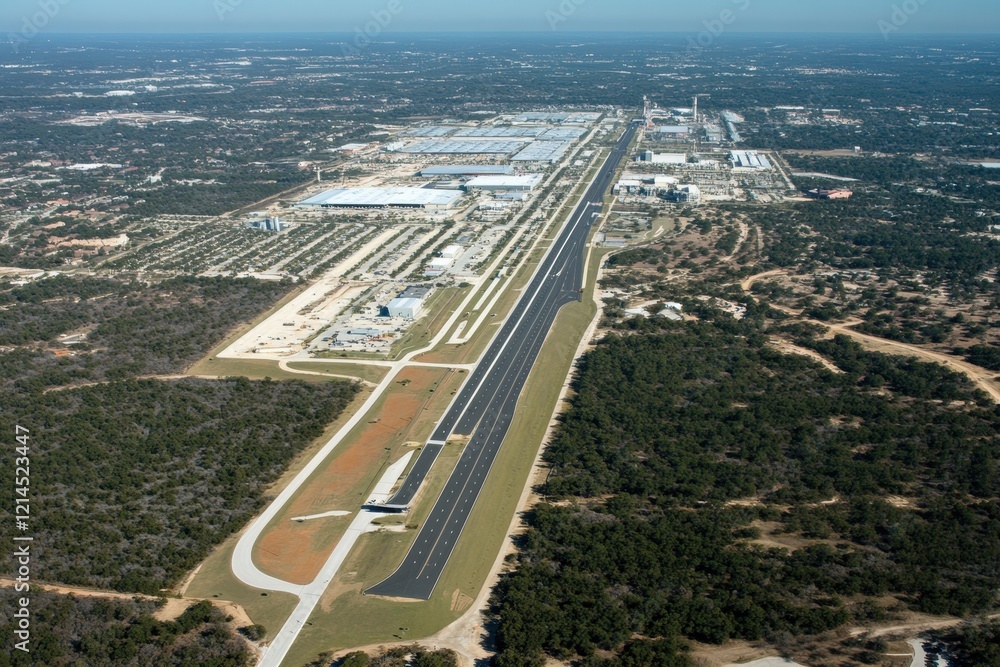 Aerial View of Modern Industrial Complex and Airstrip Surrounded by Lush Greenery and Open Land, Showcasing Infrastructure and Development in a Vibrant Landscape Aerial View of Modern Industrial Complex and Airstrip Surrounded by Lush Greenery and Open Land, Showcasing Infrastructure and Development in a Vibrant Landscape