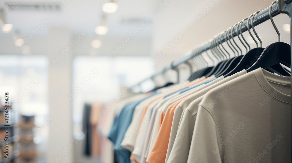 Neutral-toned T-shirts Hanging in a Bright Boutique: A Minimalist Fashion Display Neutral-toned T-shirts Hanging in a Bright Boutique: A Minimalist Fashion Display