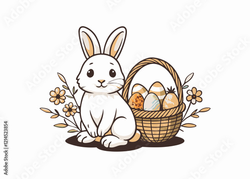 Cute Cartoon White Rabbit with Easter Basket