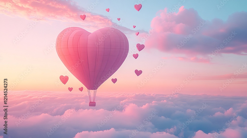 Obraz premium Valentine’s Day vector: heart-shaped hot air balloon with mini heart balloons, soft pastel sky, paper art style, origami-inspired romantic theme.