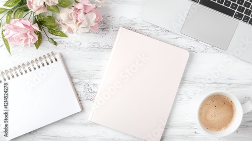 Wallpaper Mural Top view of a workspace with a notebook, laptop, coffee, and flowers on a wooden table, offering a calming and productive atmosphere. Torontodigital.ca